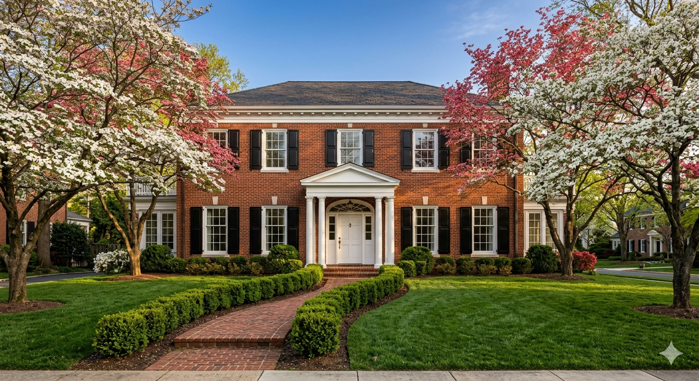 Elegant Georgian-style brick luxury home with columned portico and manicured landscaping in Bethesda Maryland