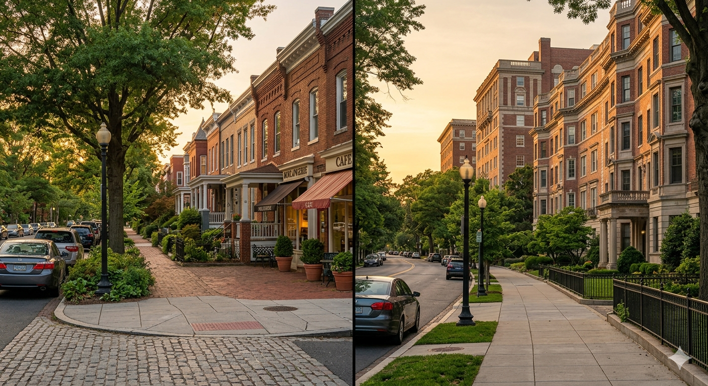 Cinematic view of Washington DC residential streets representing Glover Park and Woodley Park neighborhoods with tree lined streets and classic architecture