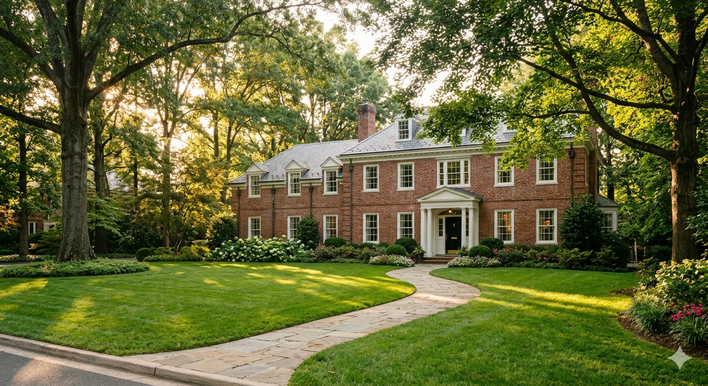 Stately estate-style luxury home in Foxhall Washington DC surrounded by mature hardwood trees and a generous front lawn