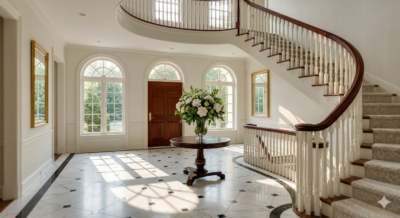 Grand entrance foyer with marble floors and sweeping staircase inside a luxury home in Bethesda Maryland