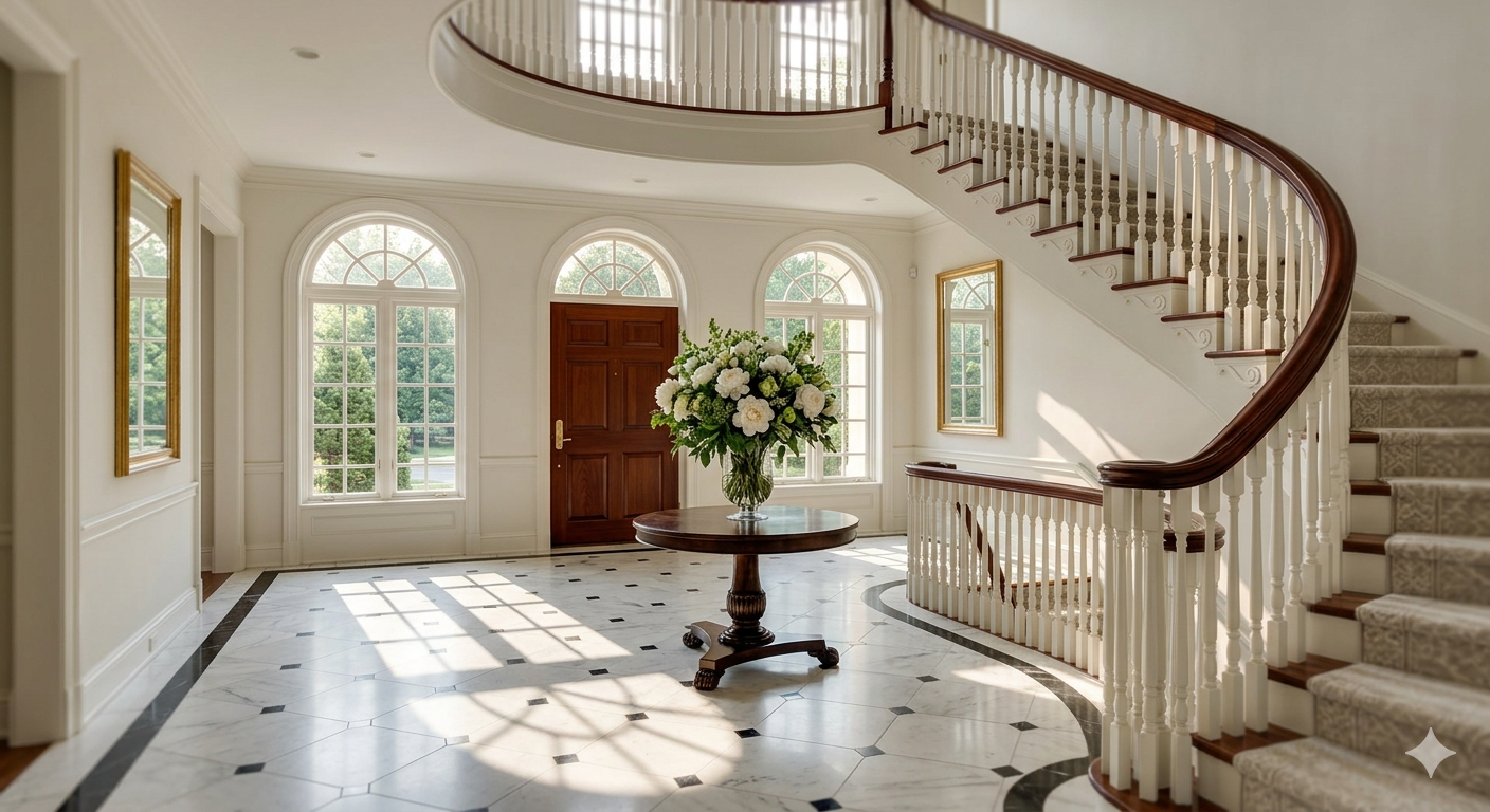 Grand entrance foyer with marble floors and sweeping staircase inside a luxury home in Bethesda Maryland