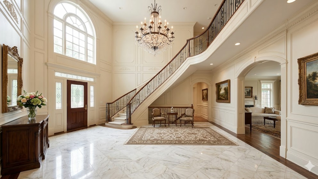 Grand marble foyer with chandelier and curved staircase in a luxury Bethesda Maryland home