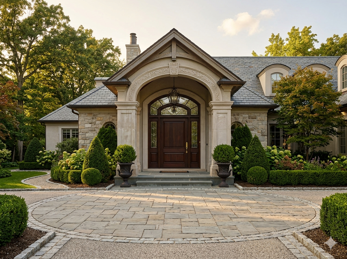 Grand home entrance with stone pillars, circular paver driveway, and manicured landscaping