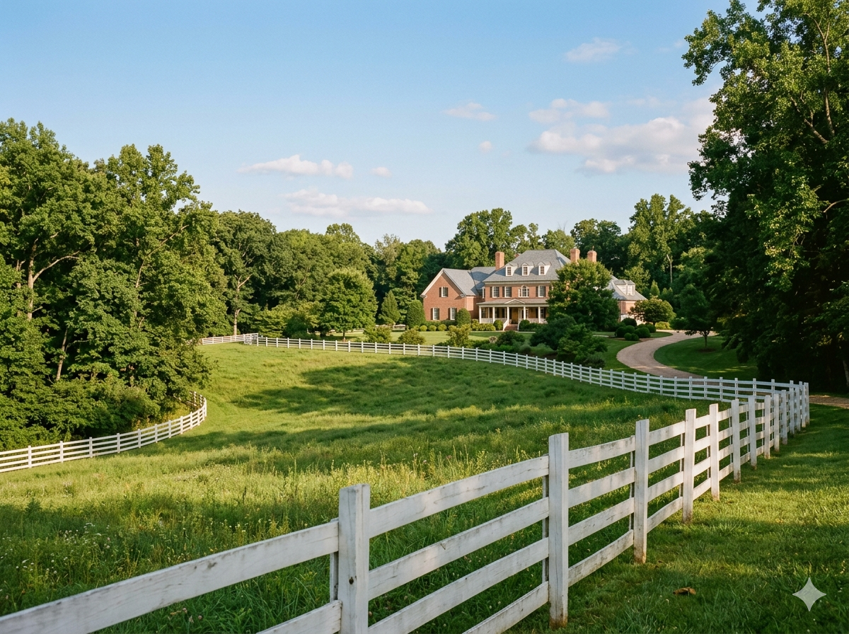 Horse fence and green meadow with traditional brick estate home in background in Great Falls, Virginia