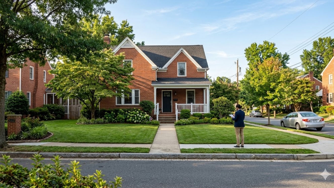 Appraiser taking notes outside a brick home in Washington DC or Maryland during an appraisal visit