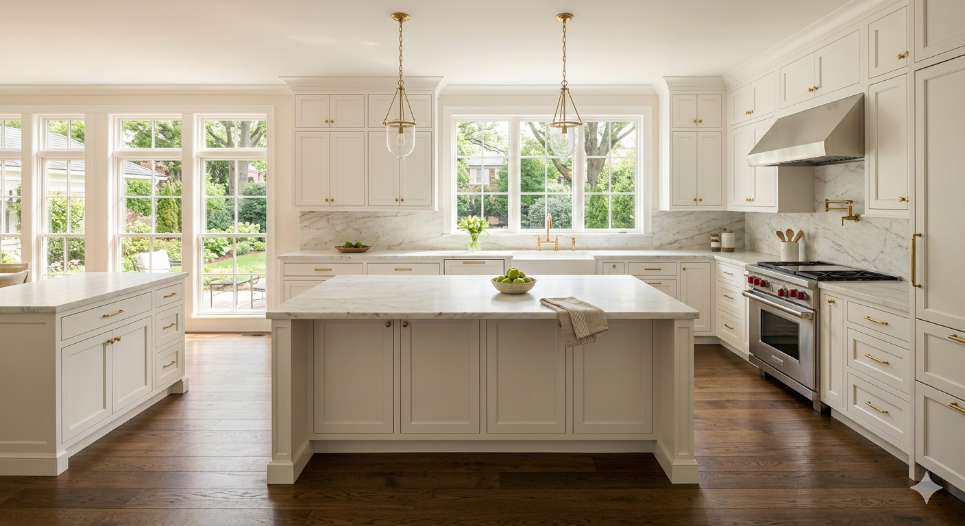 Bright modern kitchen with white Shaker cabinets and stone countertops inside a move-in ready home in the competitive Washington DC metro real estate market