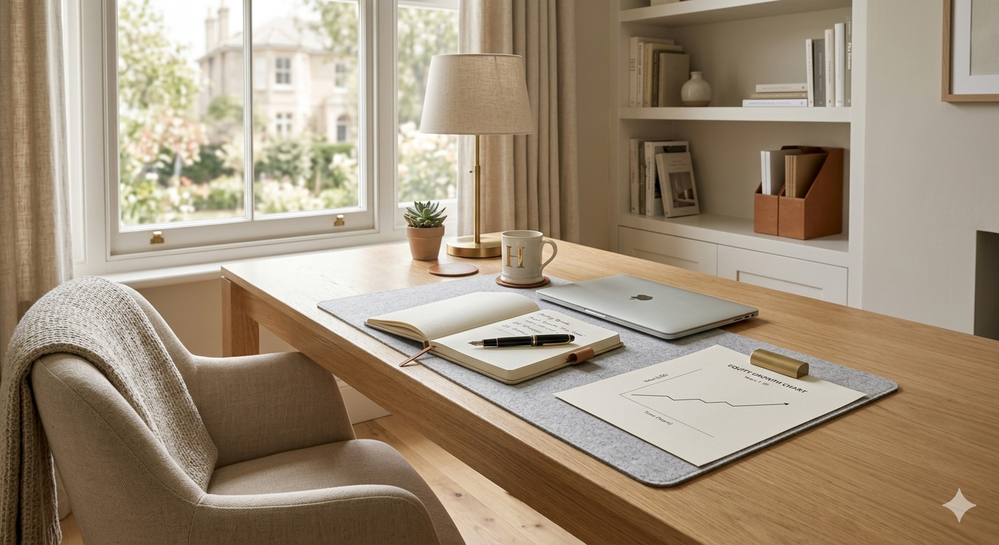 Home office desk with equity planning notes representing DC home sale timing strategy