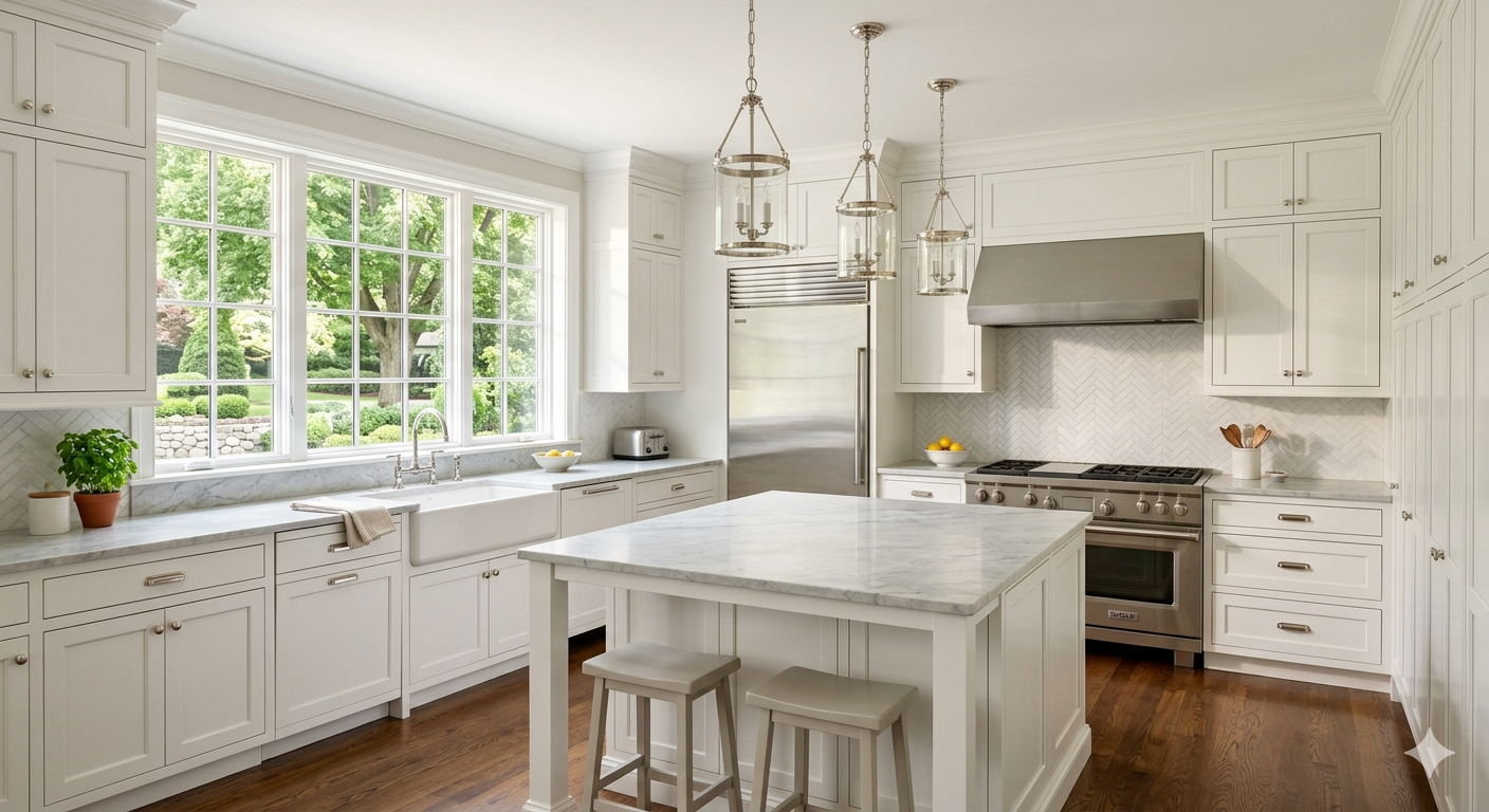 Bright white kitchen interior with marble countertops and natural light in a DC-area suburban home, representing home equity decisions during divorce in Maryland and Virginia