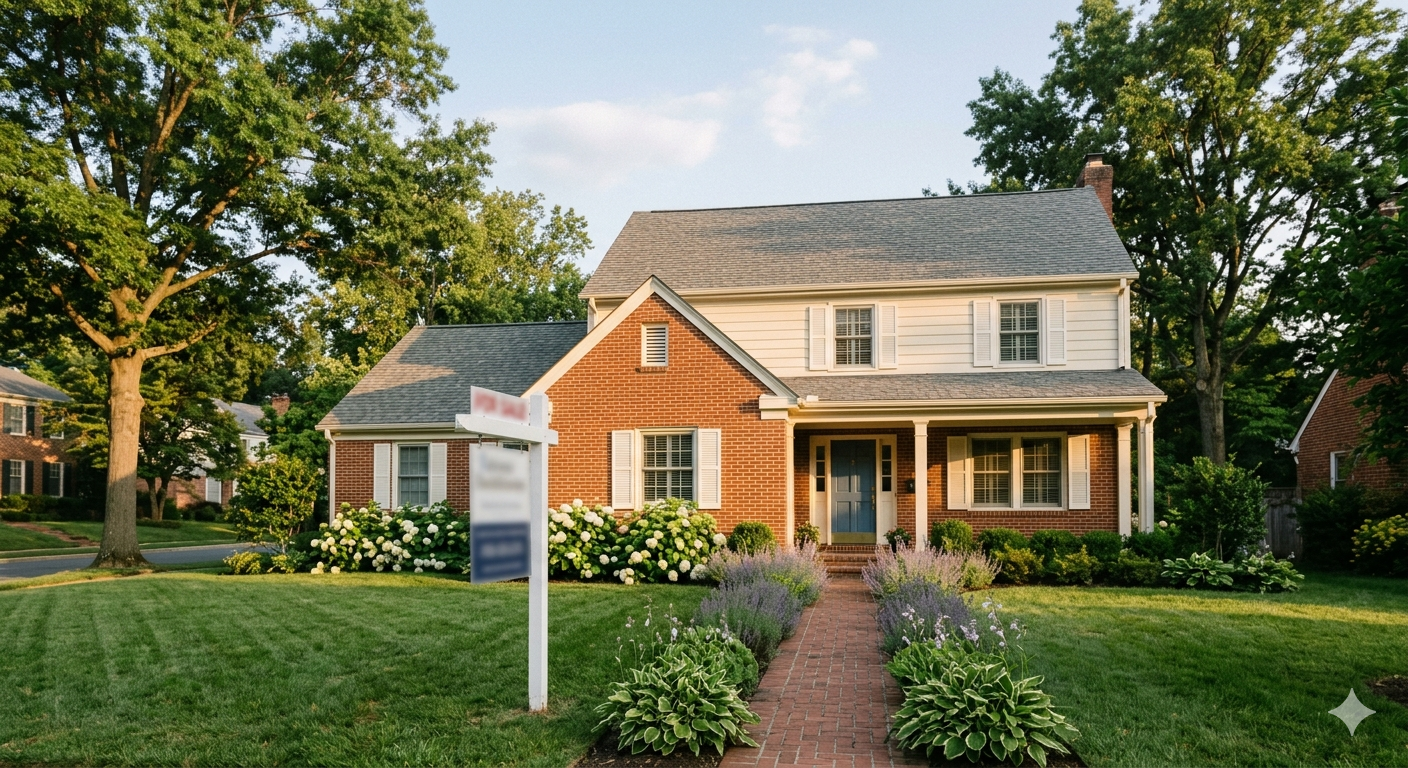 Residential home exterior with for sale sign in the DC metro area representing a property in a slower real estate market period