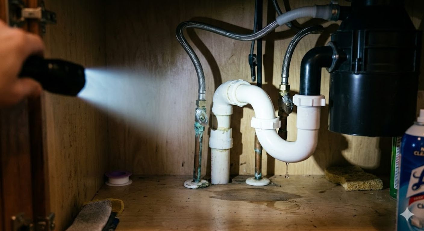 Close-up of under-sink plumbing in a Washington DC home representing pre-listing repair review