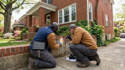 Home inspector examining brick foundation of a residential property in Washington DC