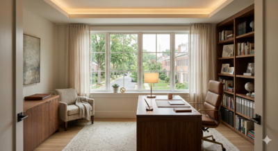 Bright home office with wooden desk, bookshelves, and large window overlooking a tree-lined street in a DC-area suburban home, representing remote work as a driver of home buying decisions in 2026