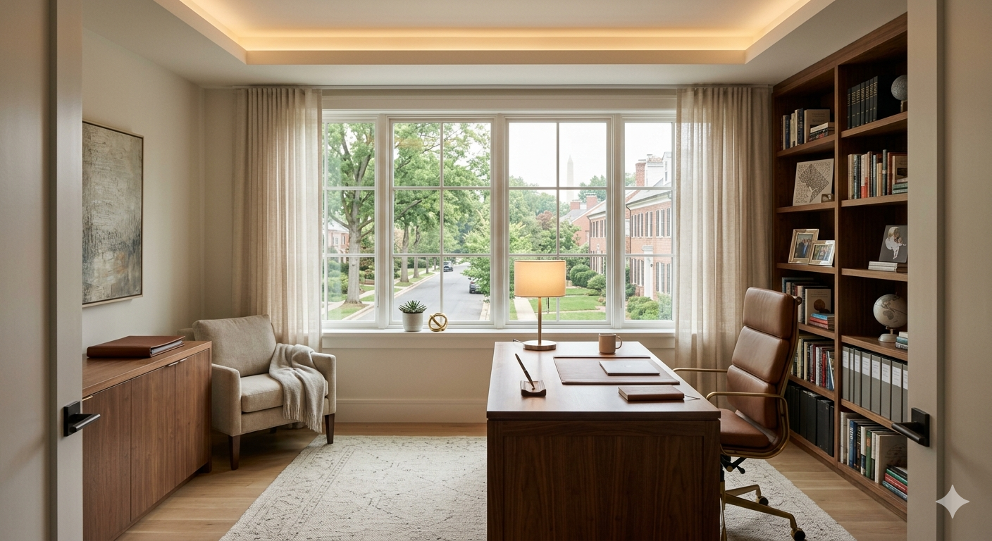 Bright home office with wooden desk, bookshelves, and large window overlooking a tree-lined street in a DC-area suburban home, representing remote work as a driver of home buying decisions in 2026