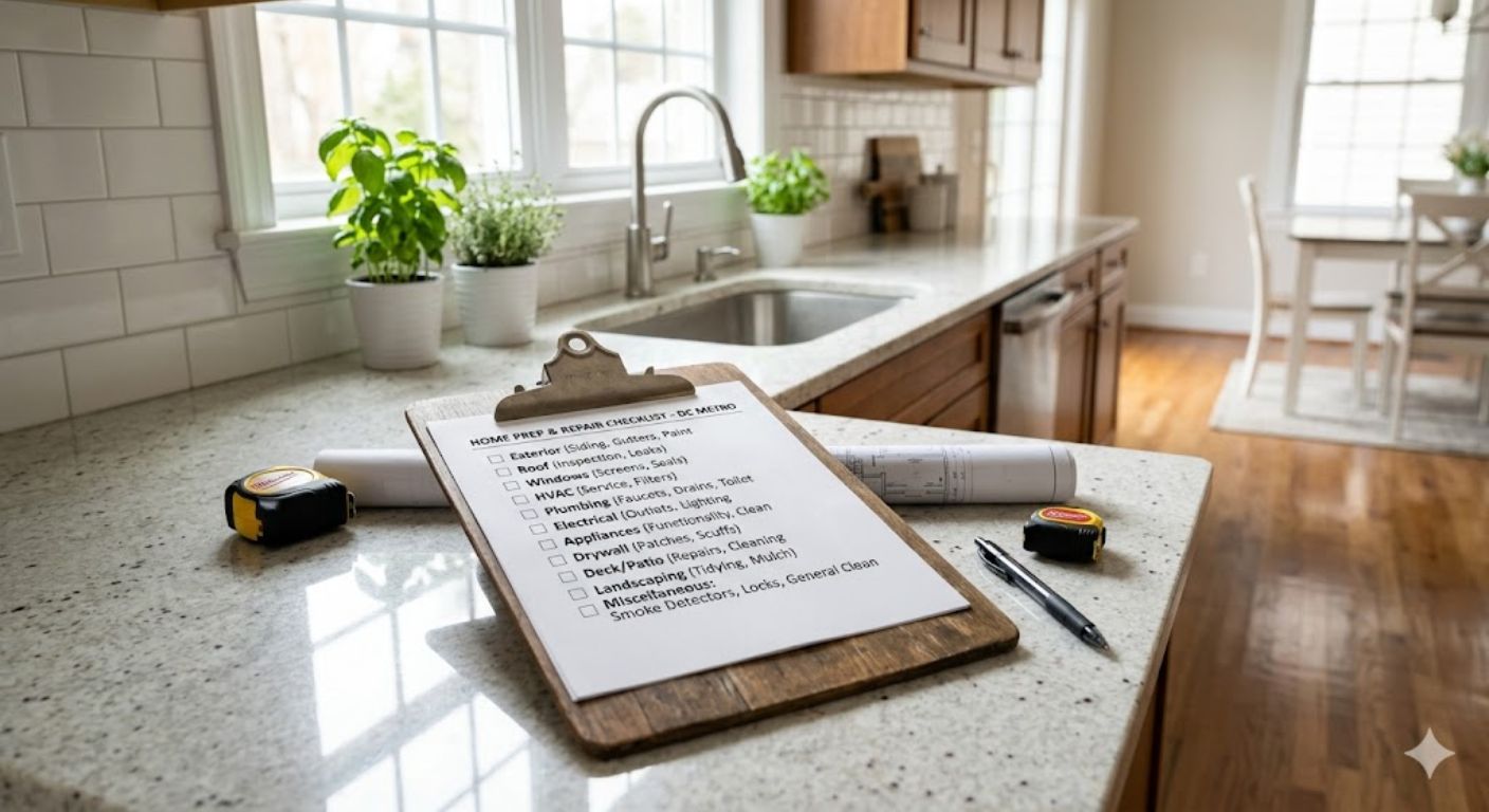 Repair checklist on a kitchen counter in a Washington DC area home before listing for sale