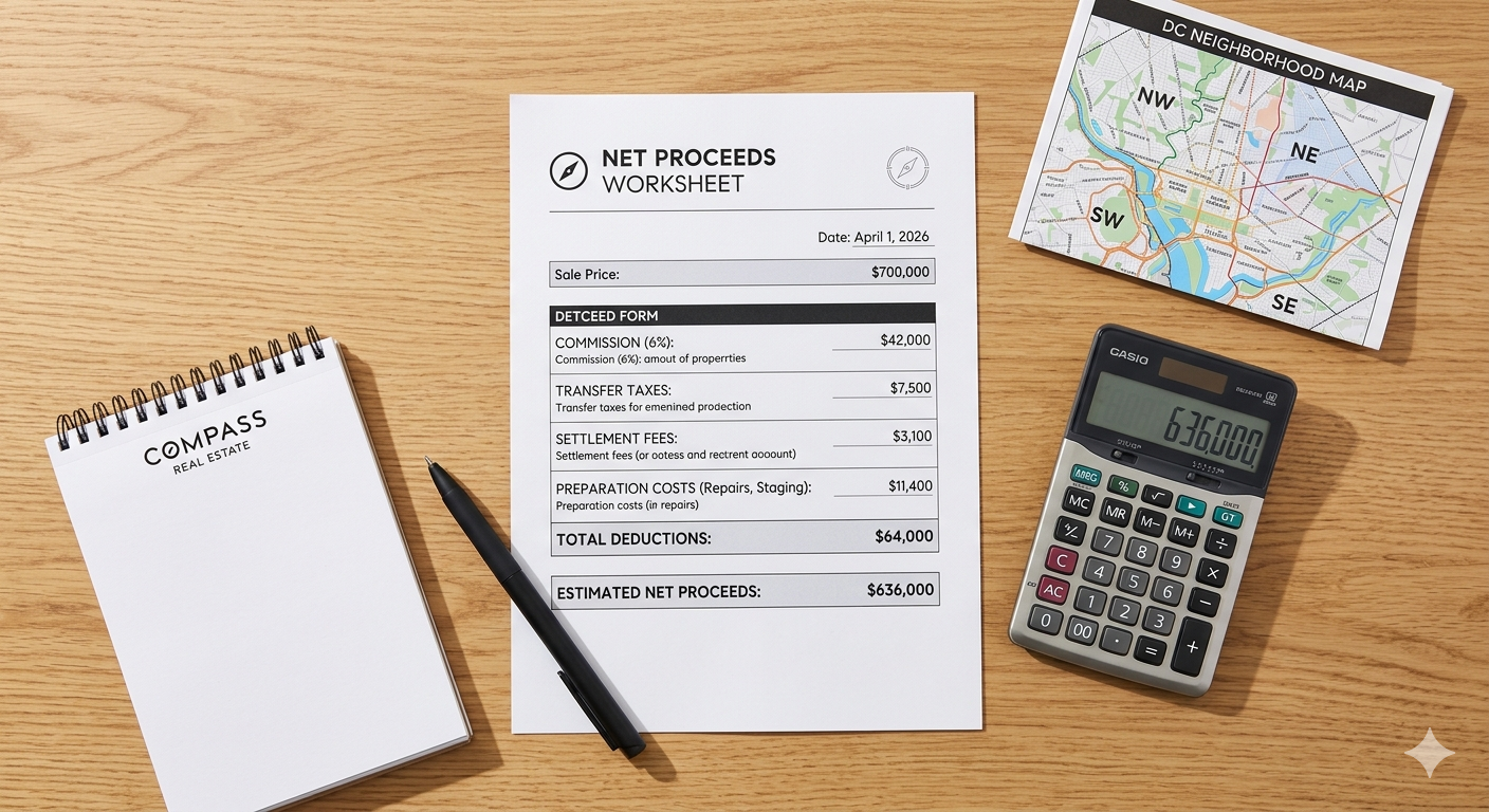 Net proceeds worksheet and selling cost breakdown for Washington DC, Bethesda, and Northern Virginia home sellers in 2026