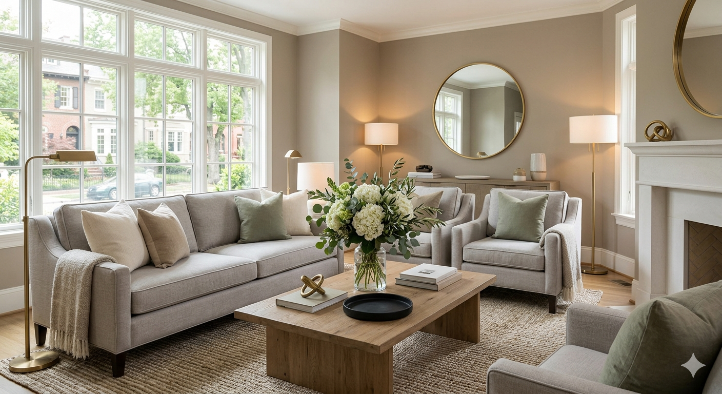Clean, well-staged living room in a Washington DC area home ready for buyer showings