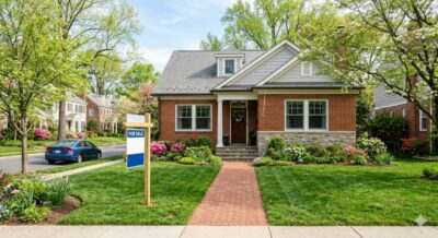 Single-family home with for-sale sign in a Washington DC metro suburb in spring