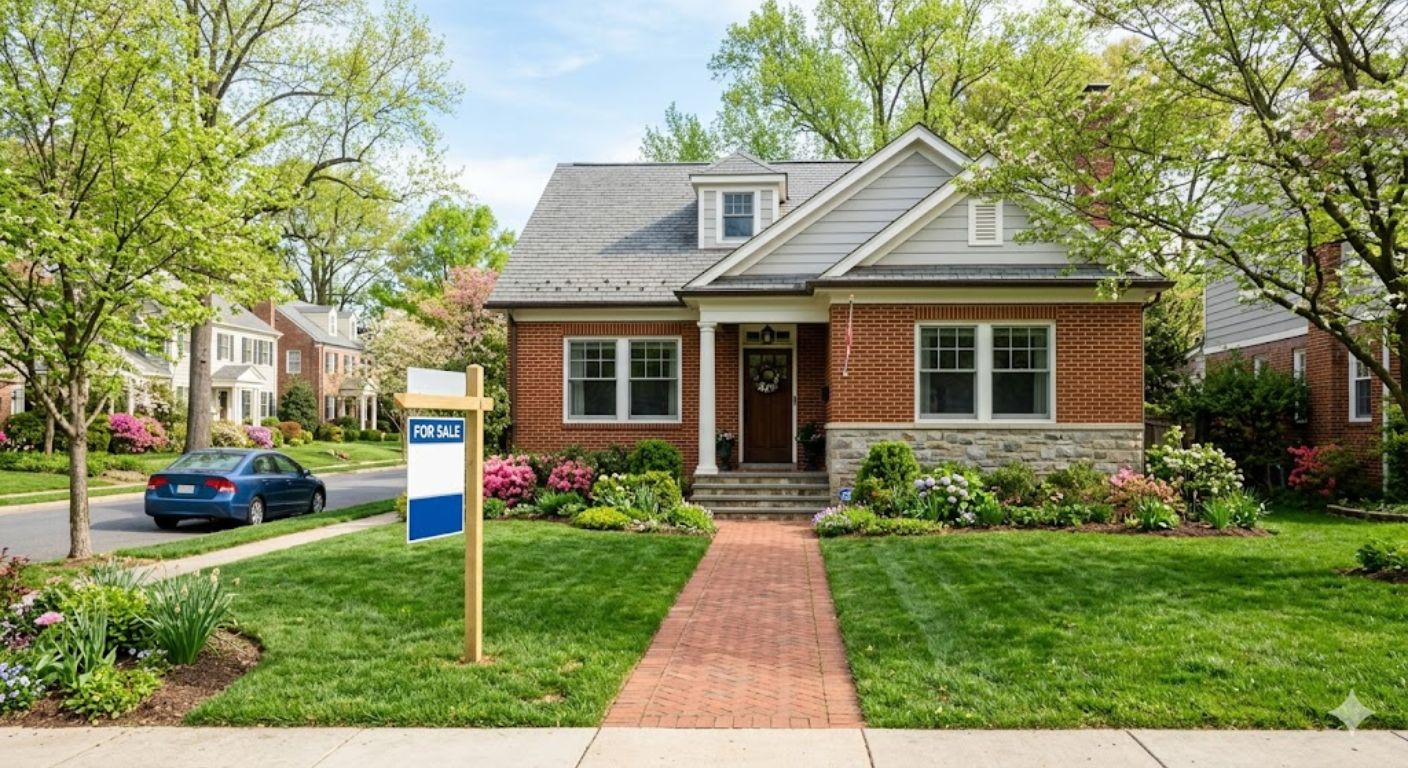 Single-family home with for-sale sign in a Washington DC metro suburb in spring
