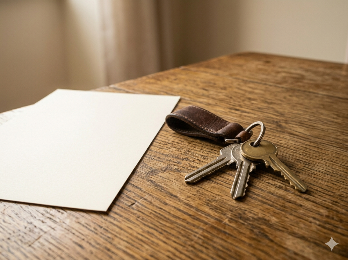 House keys resting beside a folded document on a wooden table in warm natural light