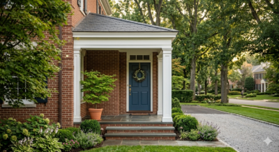 Quiet front porch of a classic brick home in a peaceful DC metro neighborhood representing thoughtful housing decisions for widows and widowers in Washington DC Maryland and Virginia