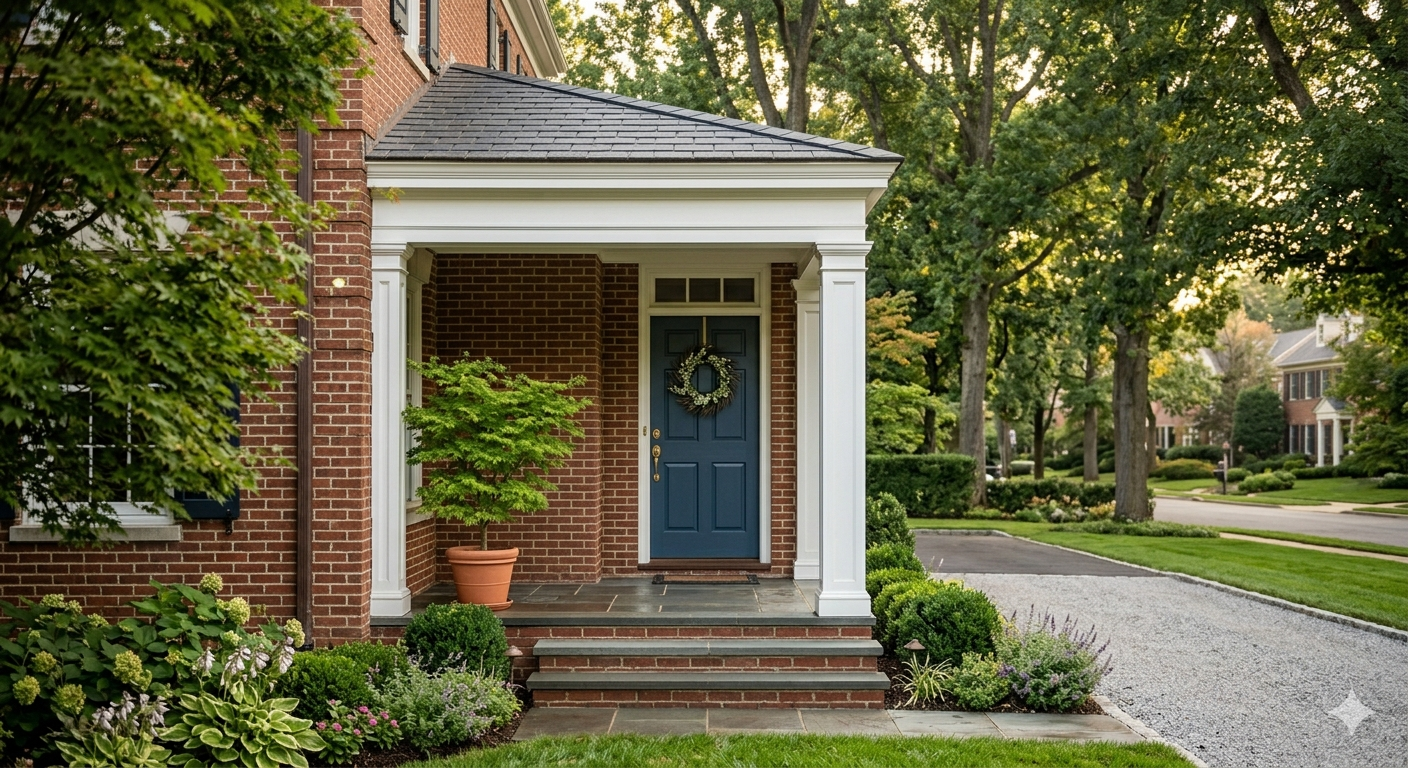 Quiet front porch of a classic brick home in a peaceful DC metro neighborhood representing thoughtful housing decisions for widows and widowers in Washington DC Maryland and Virginia