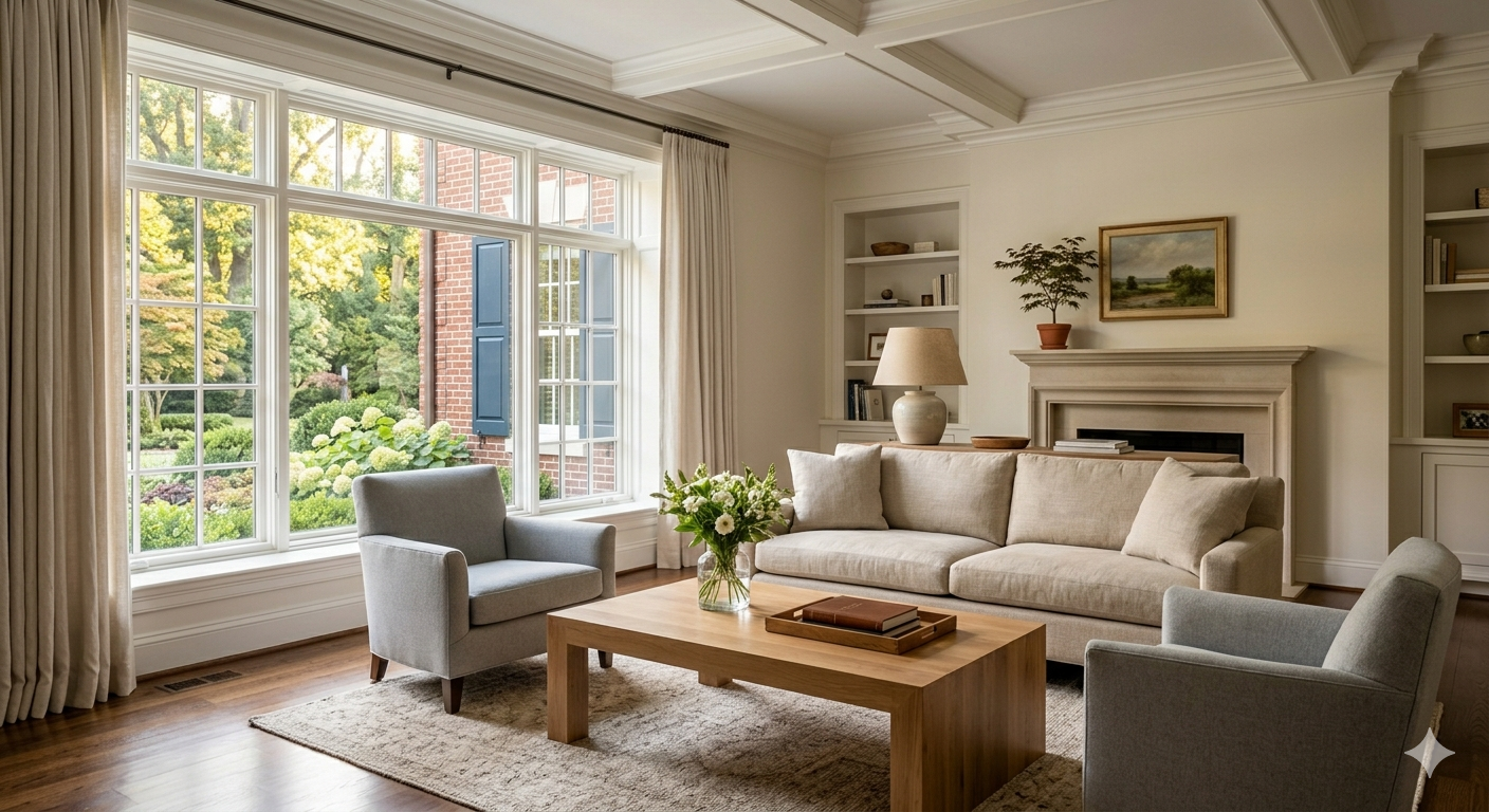 Bright and peaceful living room of a well-maintained home in the DC metro area representing housing options and thoughtful transitions for surviving spouses in Washington DC Maryland and Virginia