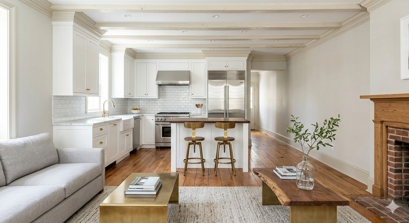Modern kitchen renovation in historic Old Town Alexandria townhouse with white cabinetry, updated appliances, and original hardwood floors visible