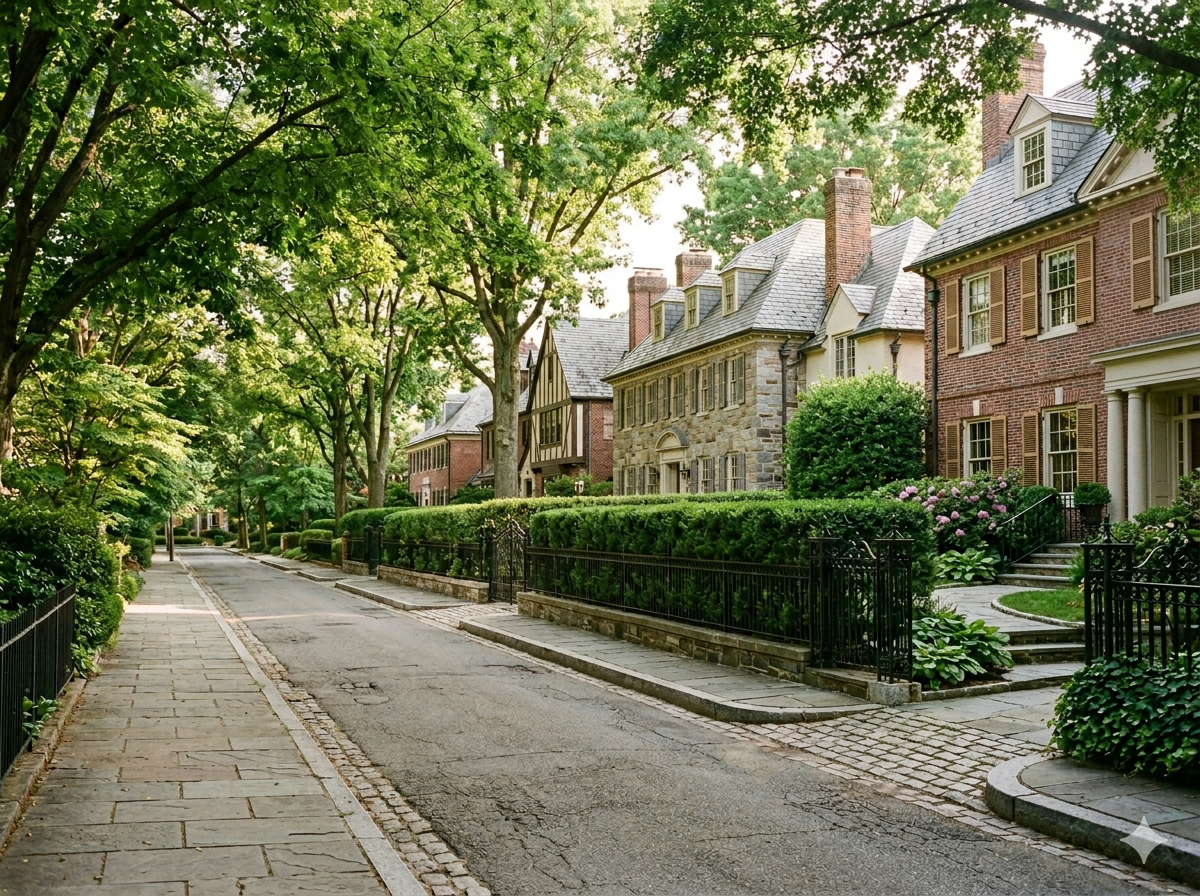 Quiet tree-lined street in Kalorama Washington DC with stately homes behind mature hedges and iron fencing