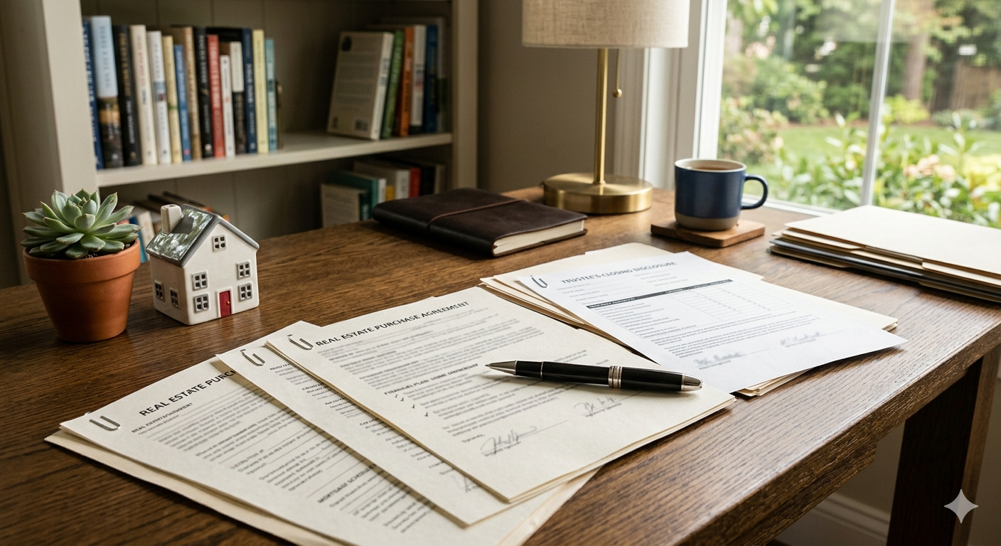 Home office desk with legal documents and a house figurine representing real estate planning during legal separation