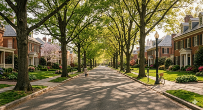 Tree-canopied residential street in Forest Hills Washington DC showing the elegant homes and serene atmosphere that attract buyers to this quiet Northwest DC enclave