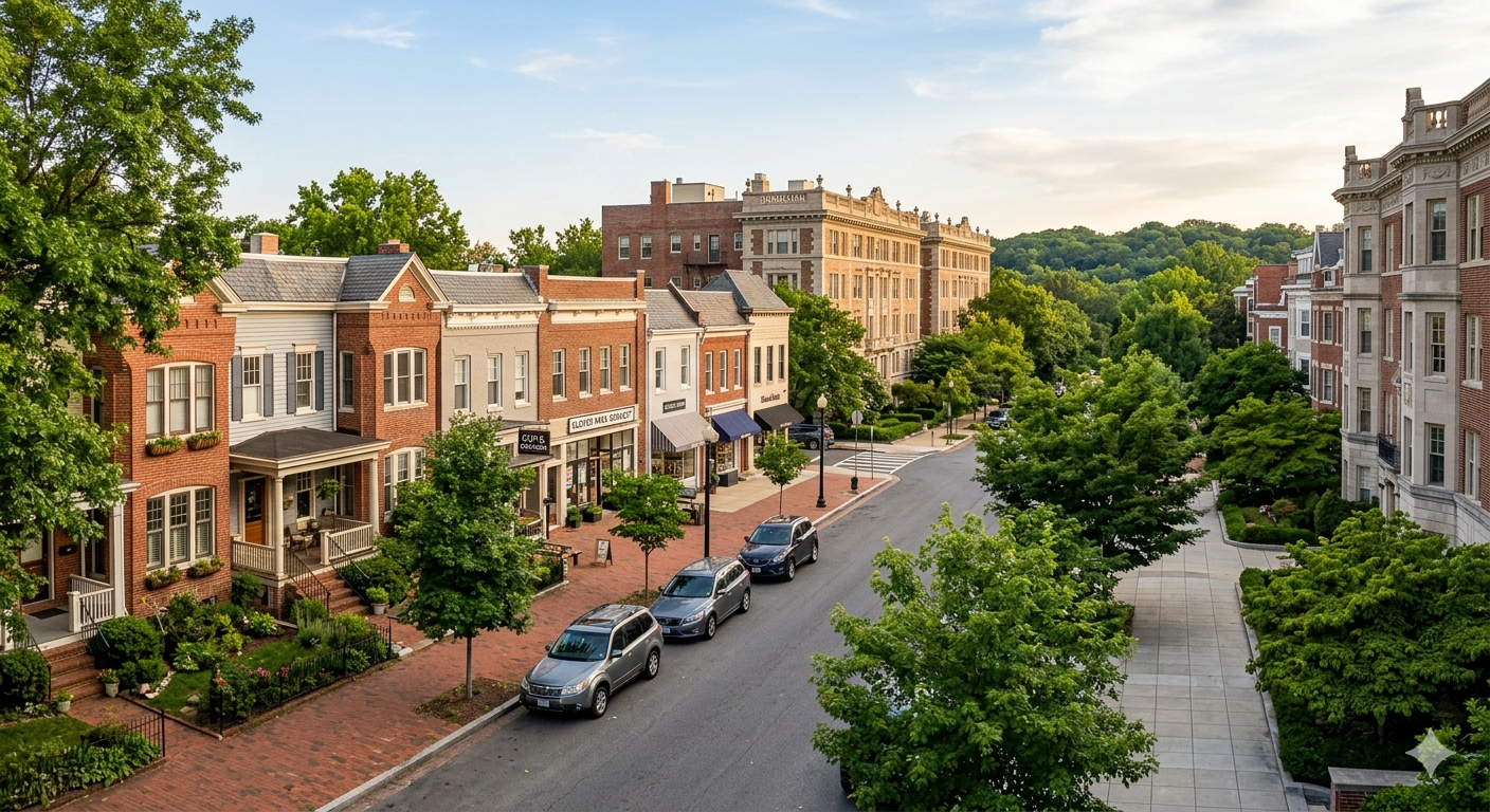 Wide view of Northwest DC neighborhoods showing contrasting residential architecture between Glover Park and Woodley Park