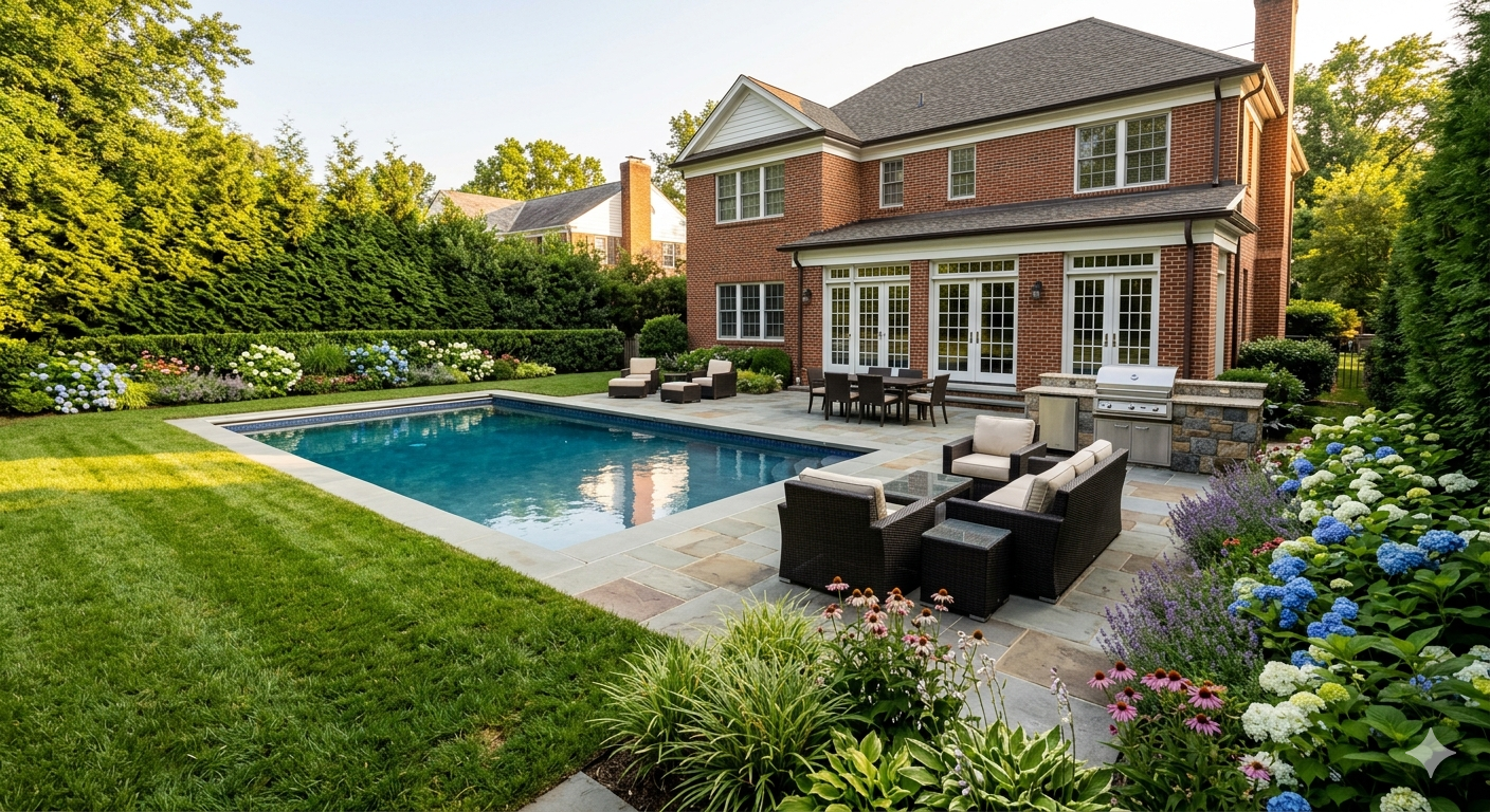 Luxury backyard with bluestone patio, in-ground pool, and manicured landscaping at a high-end home in Bethesda Maryland