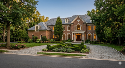 Elegant large brick luxury home with circular driveway and mature trees at golden hour in Bethesda Maryland