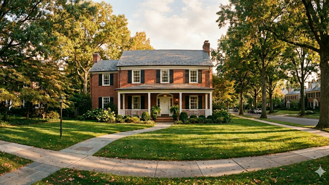 Brick Colonial luxury home on a tree-lined street in Chevy Chase Washington DC
