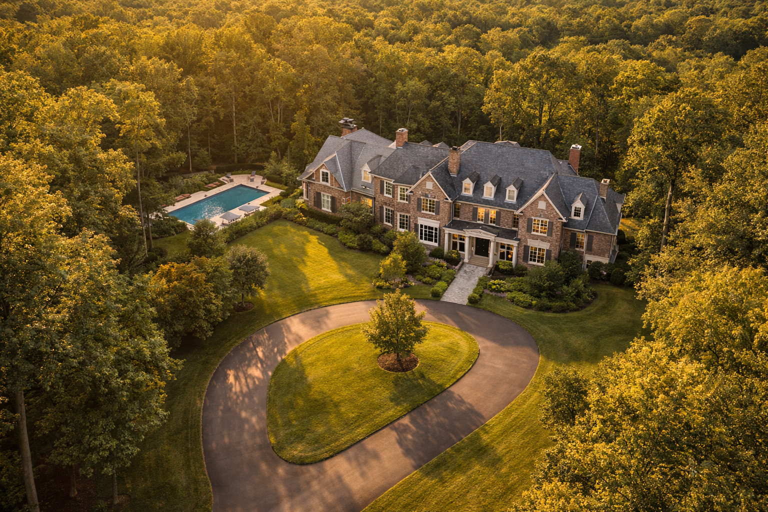 Aerial view of luxury estate home on wooded lot with pool and sweeping driveway in Potomac Maryland or Great Falls Virginia