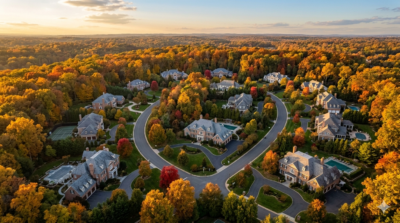 Aerial view of luxury estate homes on wooded lots in McLean Virginia or Bethesda Maryland