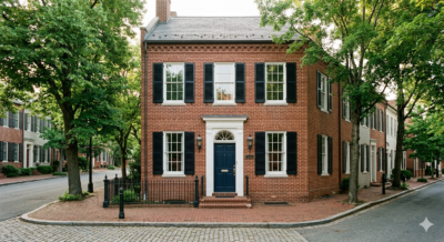 Federal-style brick rowhouse on a tree-lined Georgetown DC street in morning light