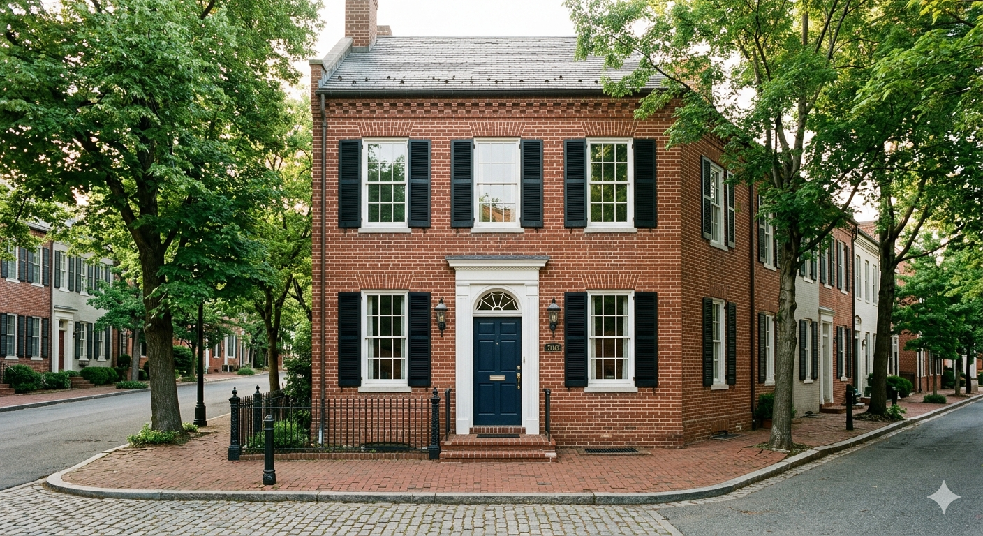 Federal-style brick rowhouse on a tree-lined Georgetown DC street in morning light