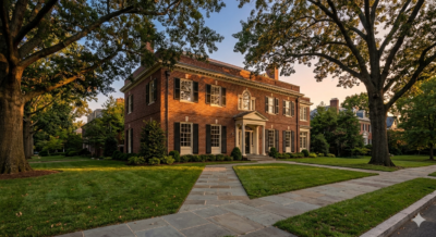 Federal-style luxury home exterior in Northwest Washington DC at golden hour with mature oak trees