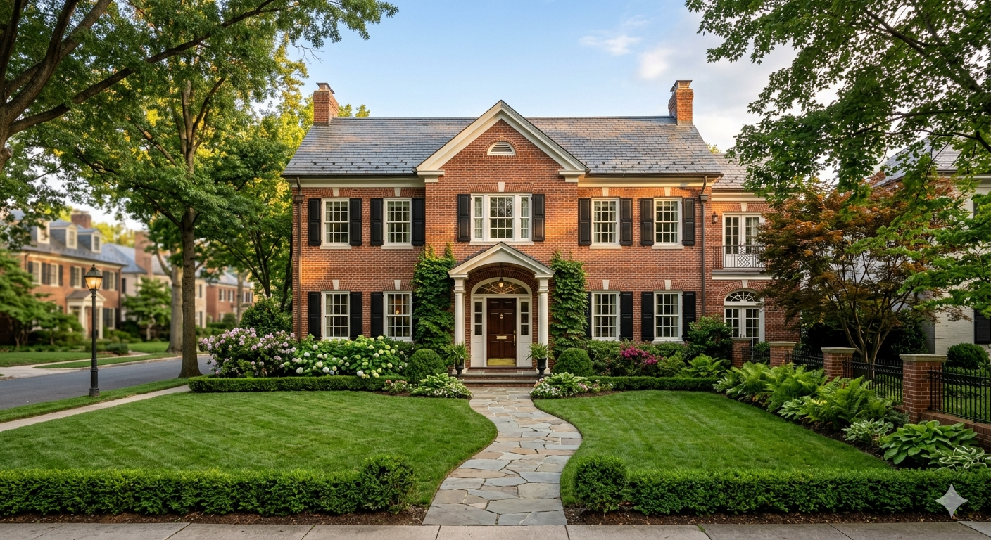 Traditional brick luxury home exterior with mature landscaping in Berkley