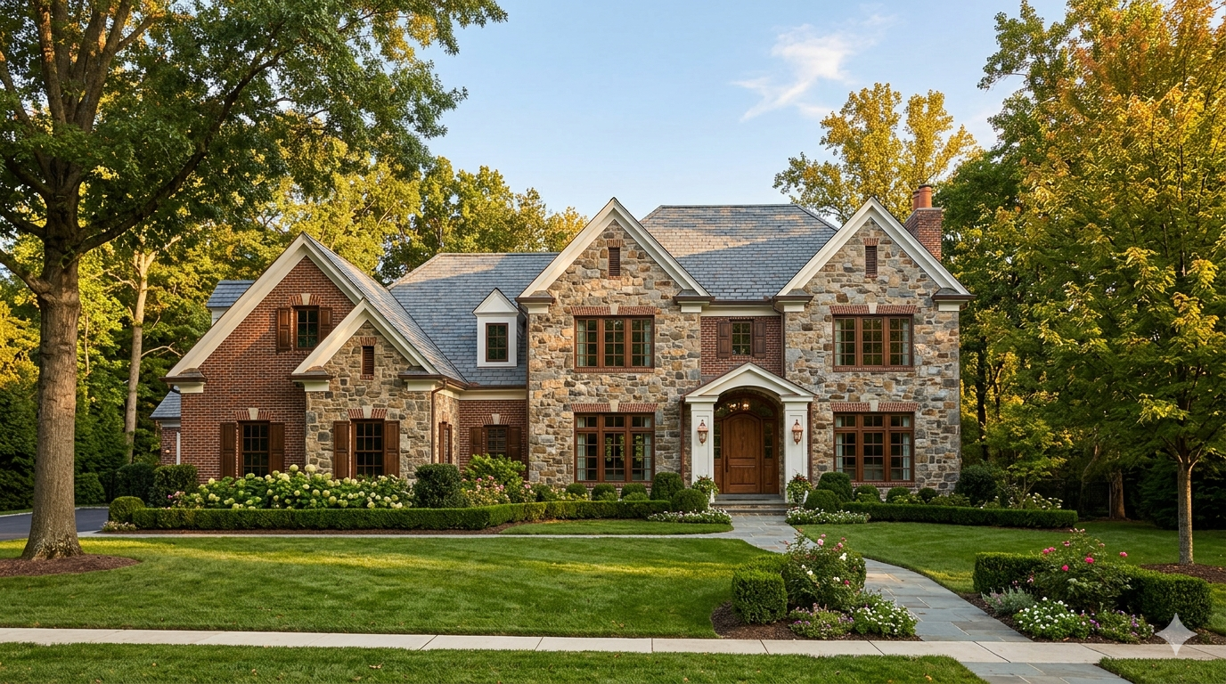 Luxury stone and brick home with tall windows and mature landscaping in Bethesda, Maryland