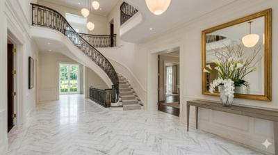Elegant foyer of a luxury home in Washington DC with marble floors, a curved staircase, and a sculptural floral arrangement, reflecting what high-end buyers expect when touring upscale properties in the DC metro area.