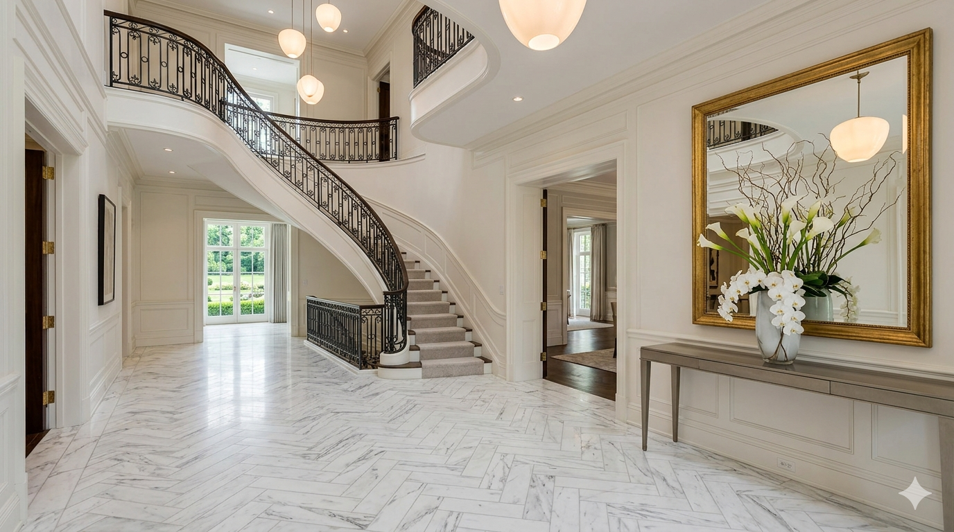 Elegant foyer of a luxury home in Washington DC with marble floors, a curved staircase, and a sculptural floral arrangement, reflecting what high-end buyers expect when touring upscale properties in the DC metro area.