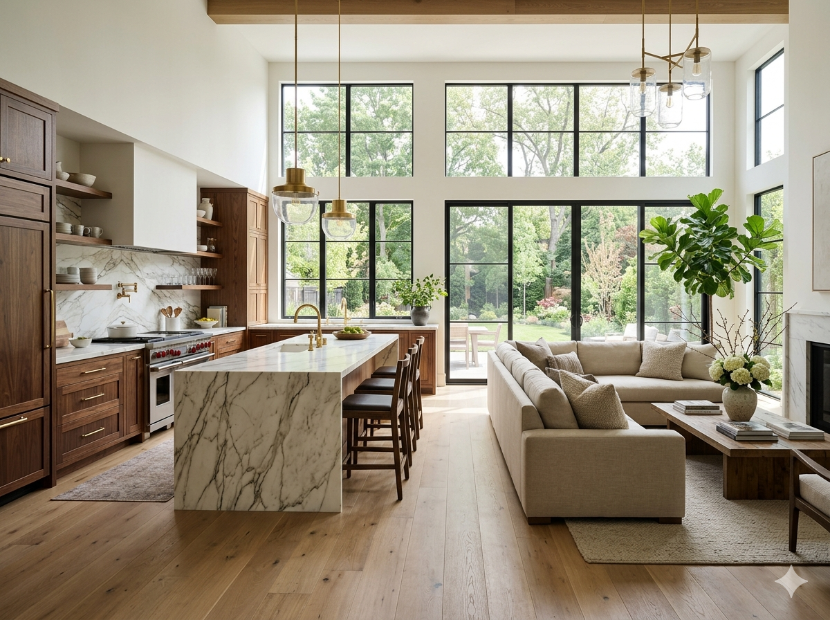 Open-concept luxury kitchen with marble countertops, custom cabinetry, and wide-plank hardwood floors in a Bethesda home