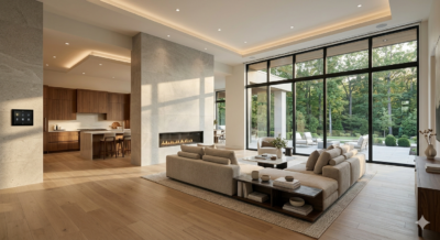 Grand luxury home interior with integrated smart home technology including recessed lighting and motorized shades in a Potomac or McLean style property
