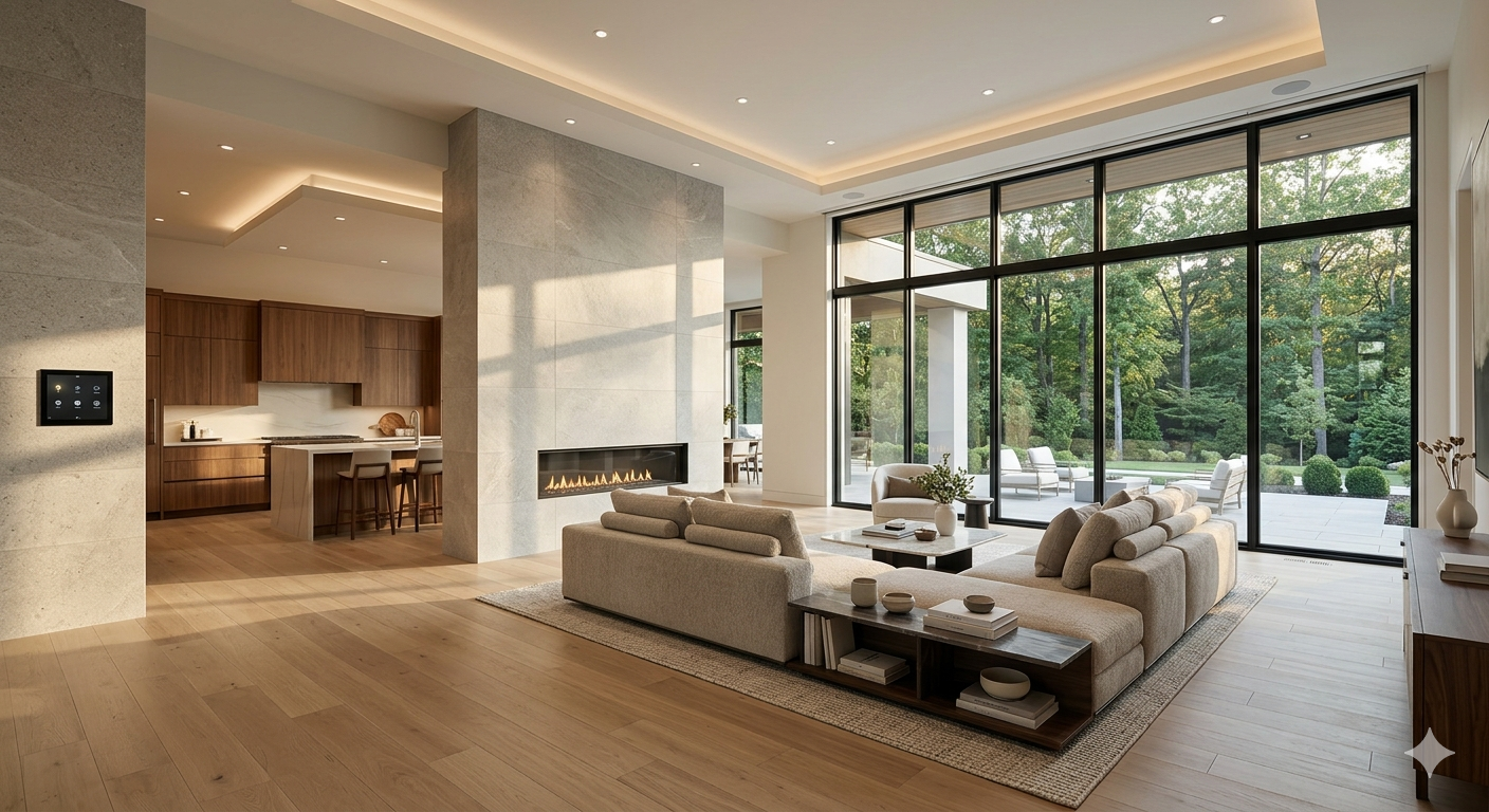 Grand luxury home interior with integrated smart home technology including recessed lighting and motorized shades in a Potomac or McLean style property