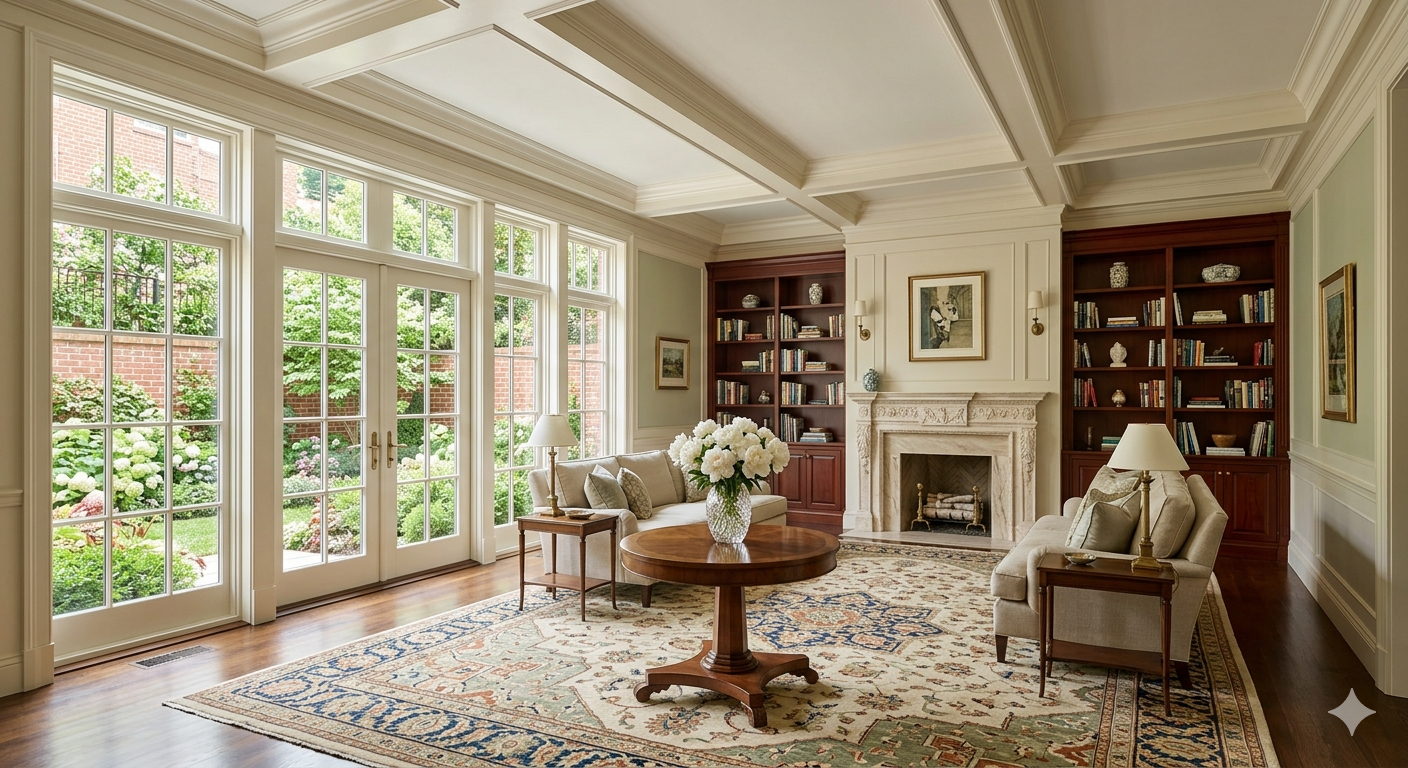 Grand living room interior of a multi-million dollar luxury home in Washington, DC with coffered ceilings, carved marble fireplace, built-in bookshelves, and garden views