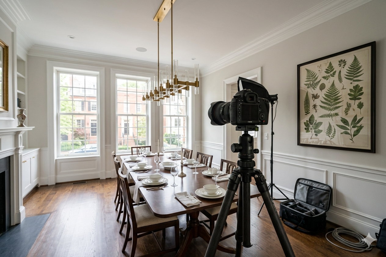Professional real estate photographer photographing a staged luxury dining room in a Washington DC area home with a dramatic chandelier and botanical art, showing the listing preparation process used by top-producing DC metro realtors.