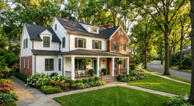 Charming renovated luxury home on MacArthur Boulevard in the Palisades neighborhood of Washington DC with mature street trees and lush landscaping