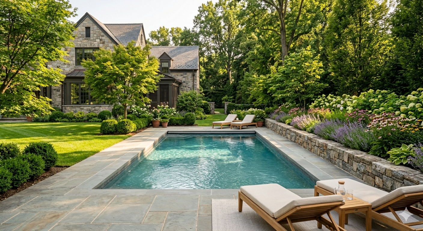 Pristine in-ground rectangular pool with natural stone coping, manicured green lawn, and teak lounging area at a luxury home in Bethesda or McLean Maryland or Virginia